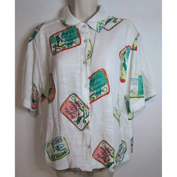 Janet+delancey Tops - Jane + Delancey Canned  Sardine Print Women's Button Up Shirt Blend Linen Size M
